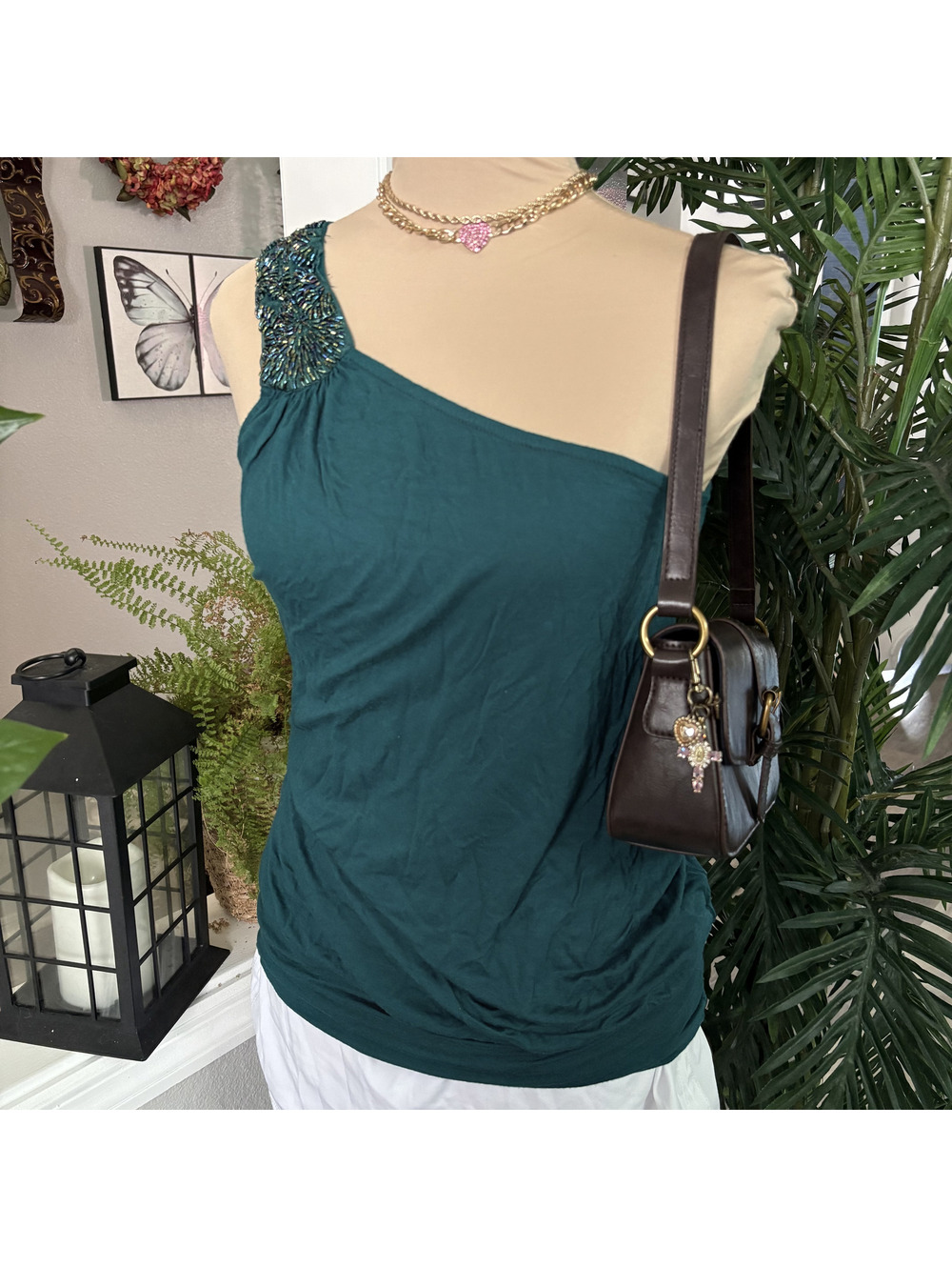 one strap beaded teal y2k top